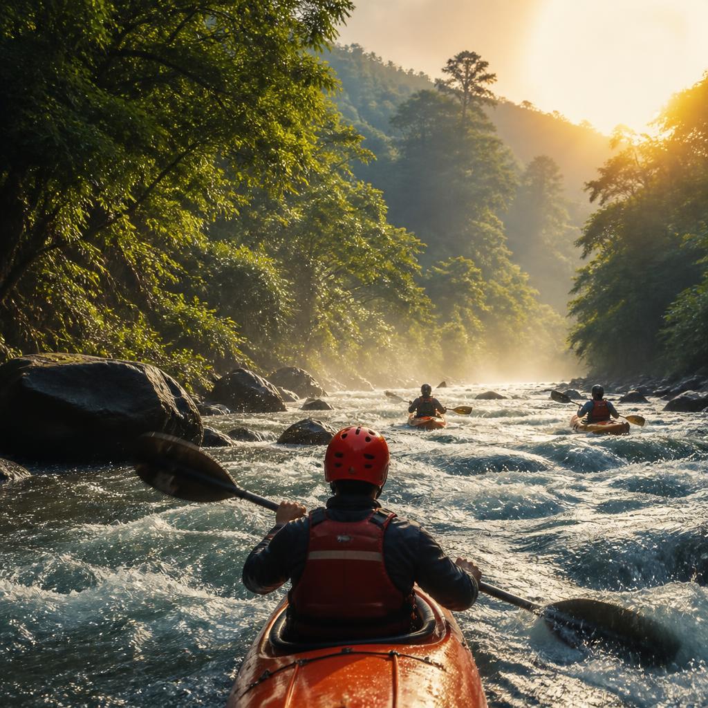 Adventure travellers kayaking through white-water rapids in Dandeli surrounded by lush green jungle
