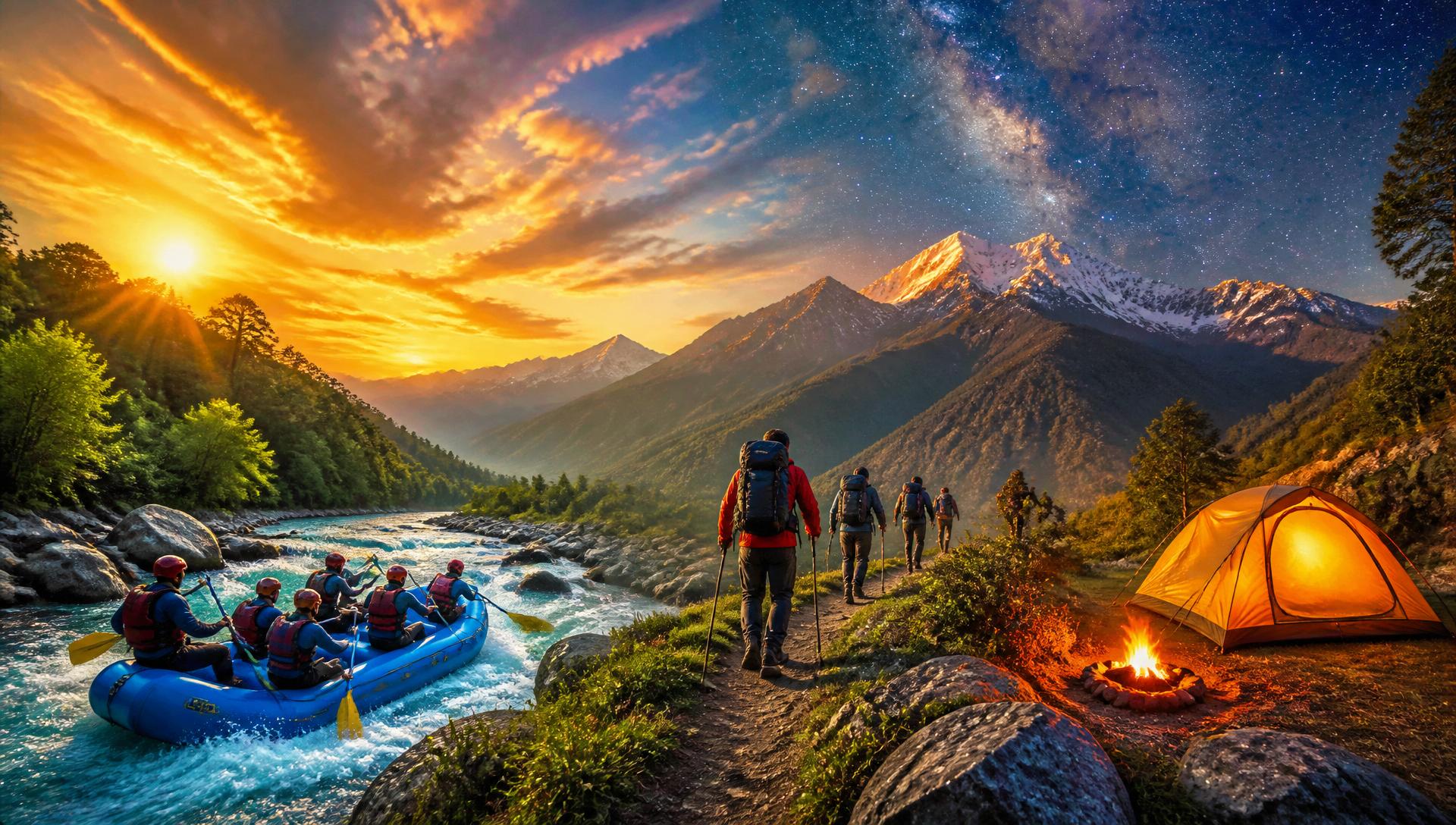 Indian adventurers white-water rafting, trekking through mountains and camping under the stars in India
