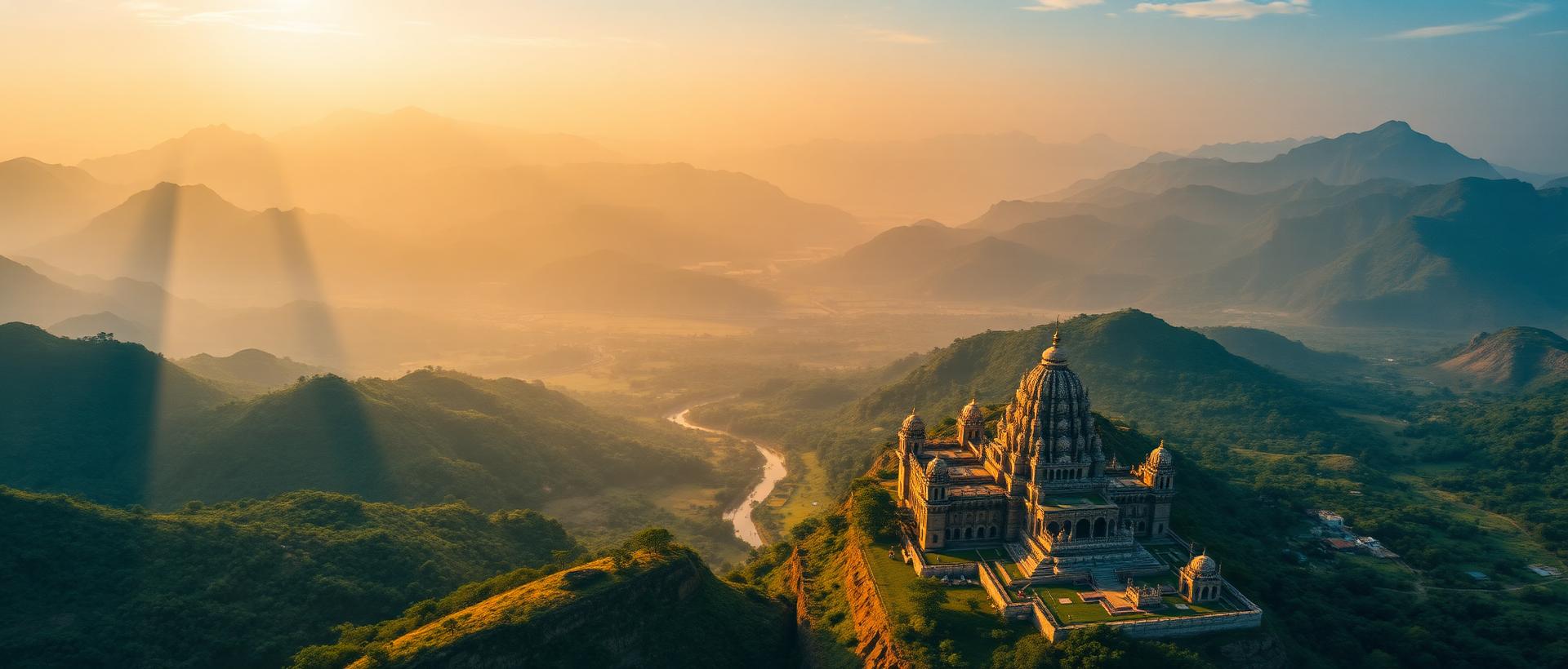 Panoramic view of India blending mountains, backwaters, palaces and green valleys at sunrise