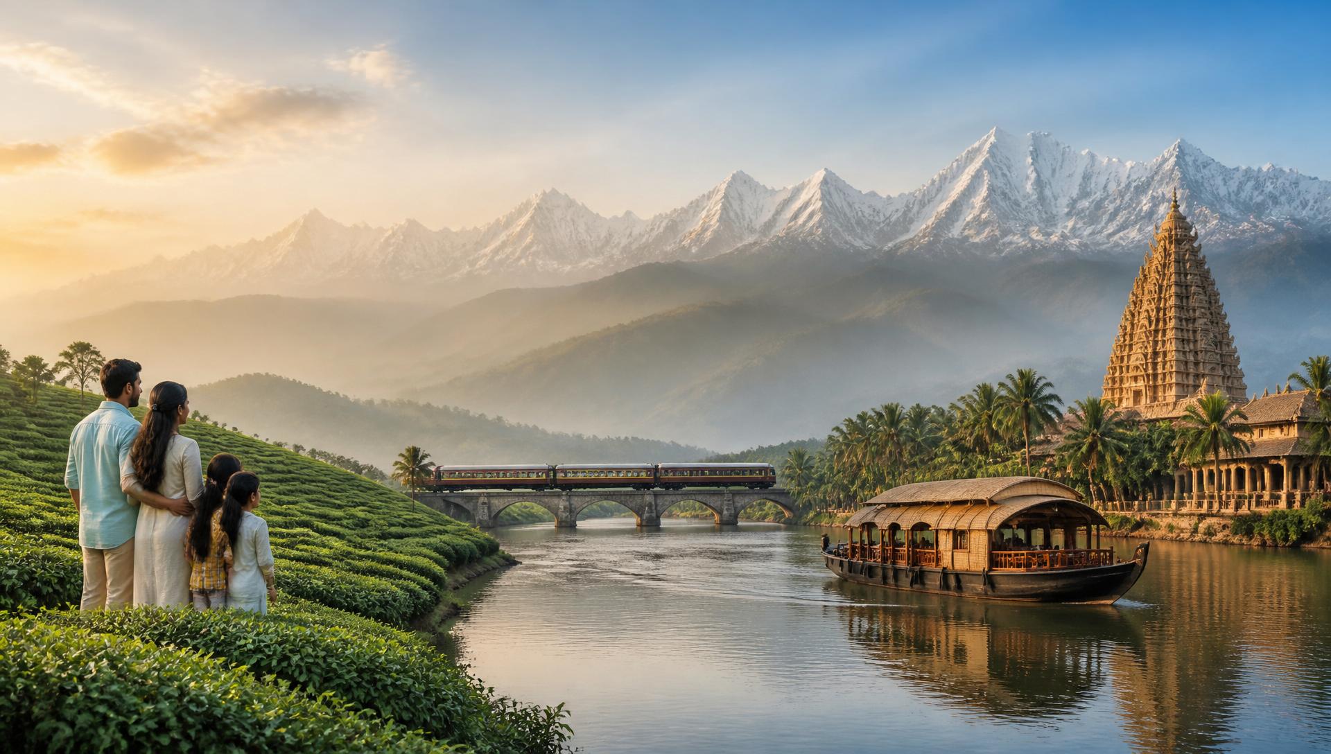 Panoramic view of India: Himalayas, Kerala backwaters, tea plantations, temple and a scenic train