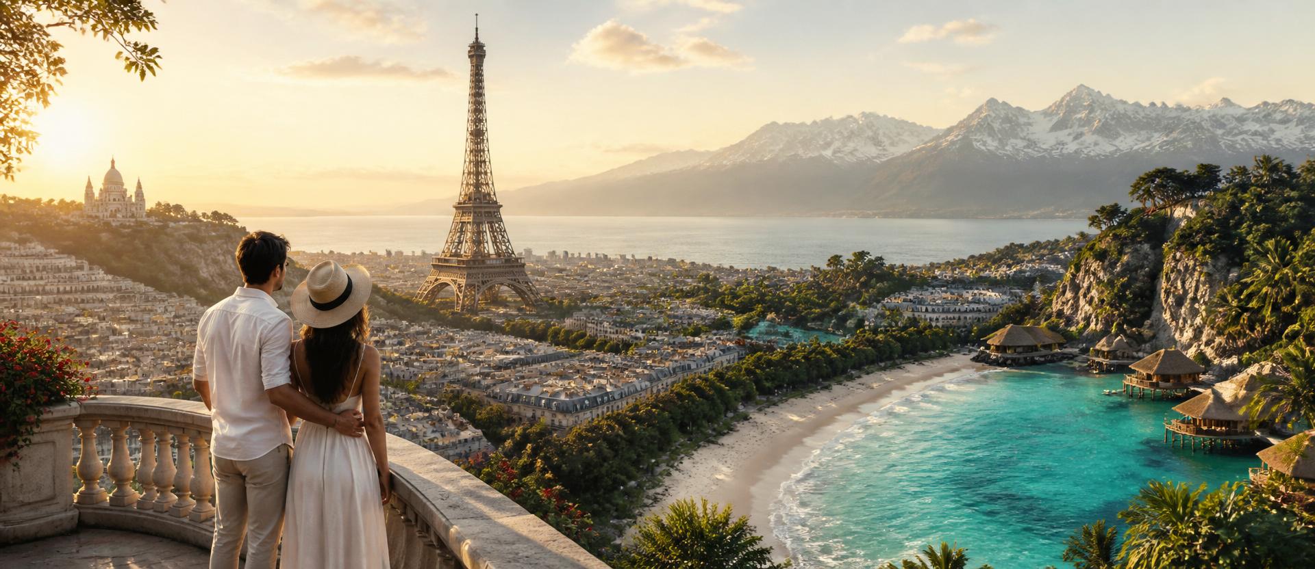 A couple overlooking the Eiffel Tower with Swiss Alps and a turquoise tropical beach in the distance at golden hour