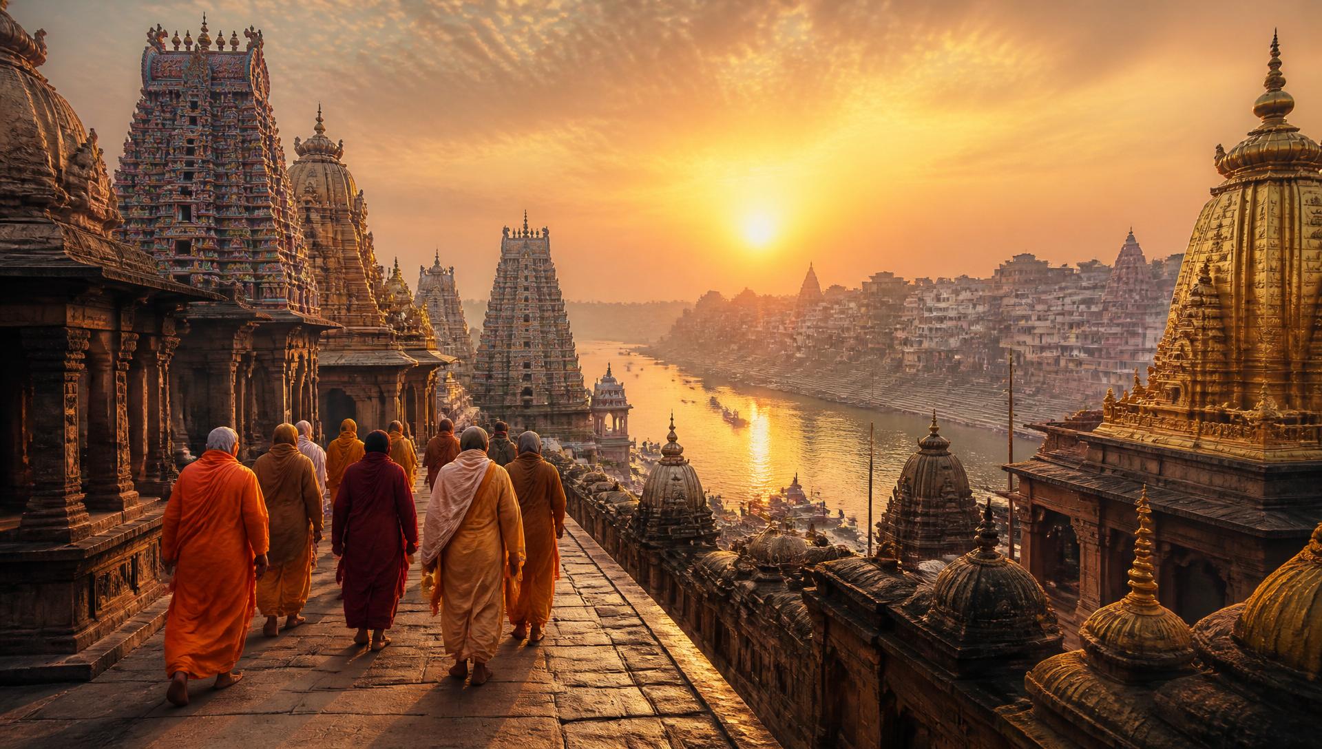 Cinematic view of India's sacred temples, ghats and pilgrims at golden sunrise