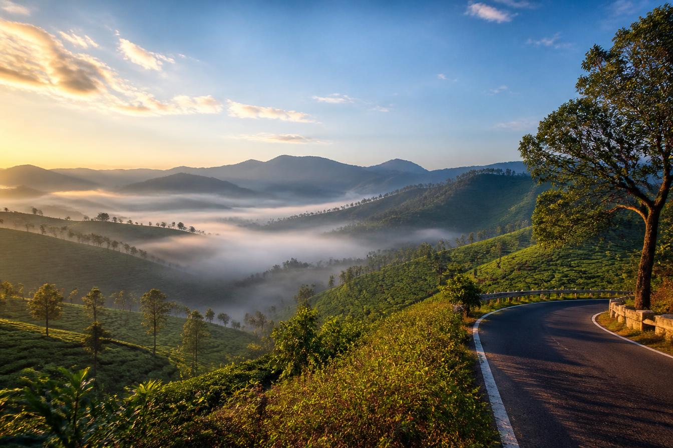 Scenic mountain road winding through the lush green Western Ghats at sunrise