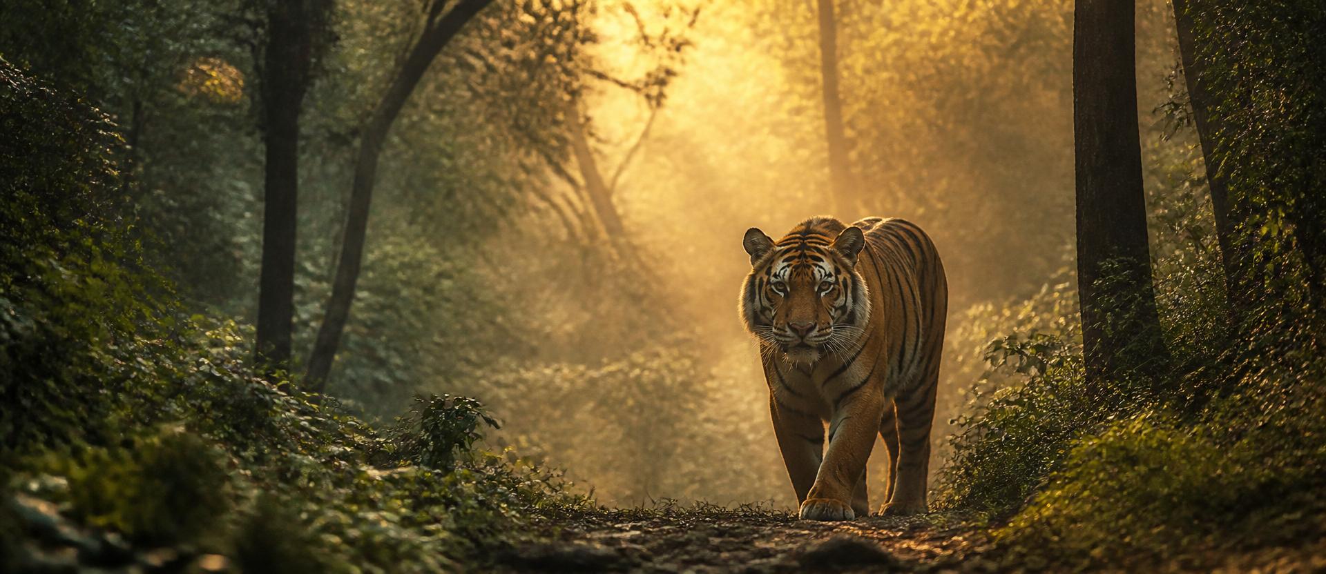 Bengal tiger walking through golden morning mist in a dense South Indian jungle