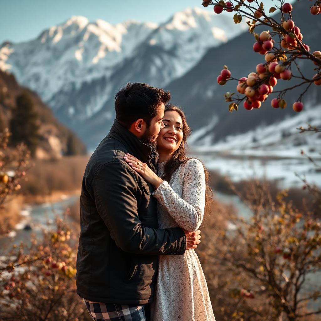 Honeymoon couple in Manali with snow-capped Himalayan mountains and apple orchards