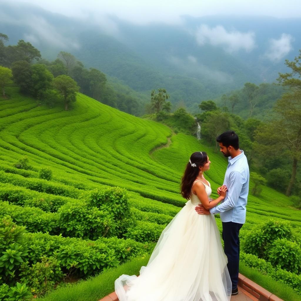 Honeymoon couple in Ooty and Wayanad tea estates and misty mountains