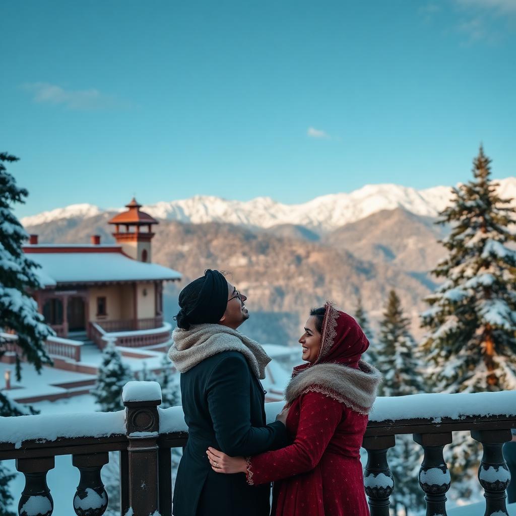 Honeymoon couple in snowy Shimla with colonial architecture and Himalayan peaks