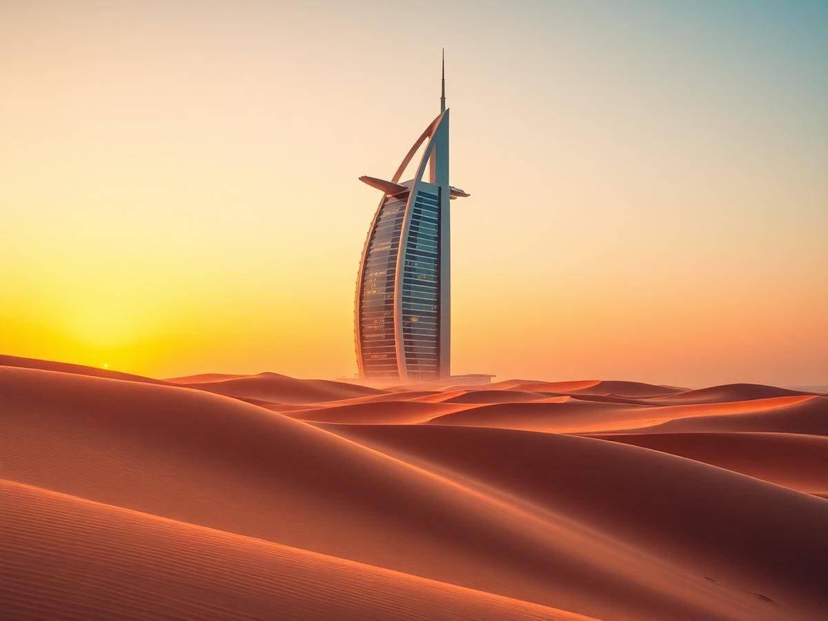 Burj Al Arab silhouette against golden desert dunes at sunset