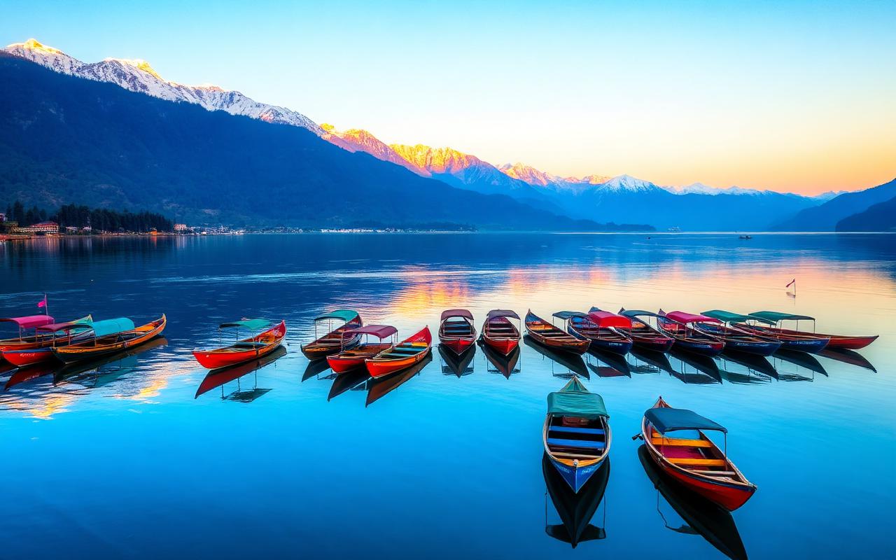 Shikara on Dal Lake at sunrise with snow-capped Himalayas