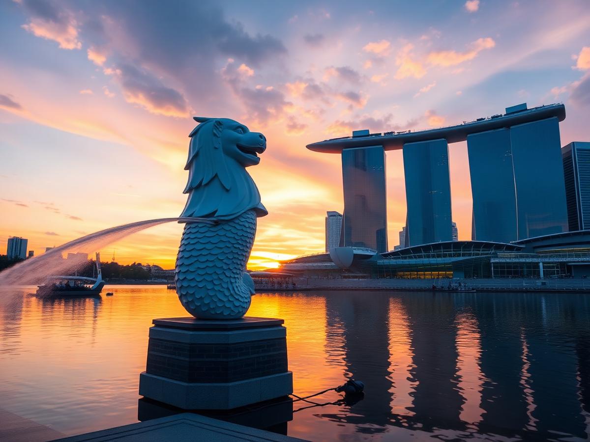 Merlion statue with Marina Bay Sands skyline at sunrise