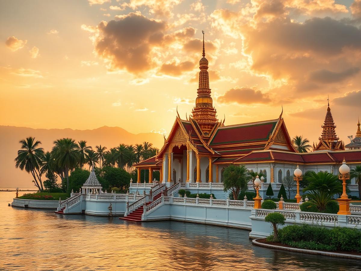 Ornate Thai temple beside a tropical river at golden hour