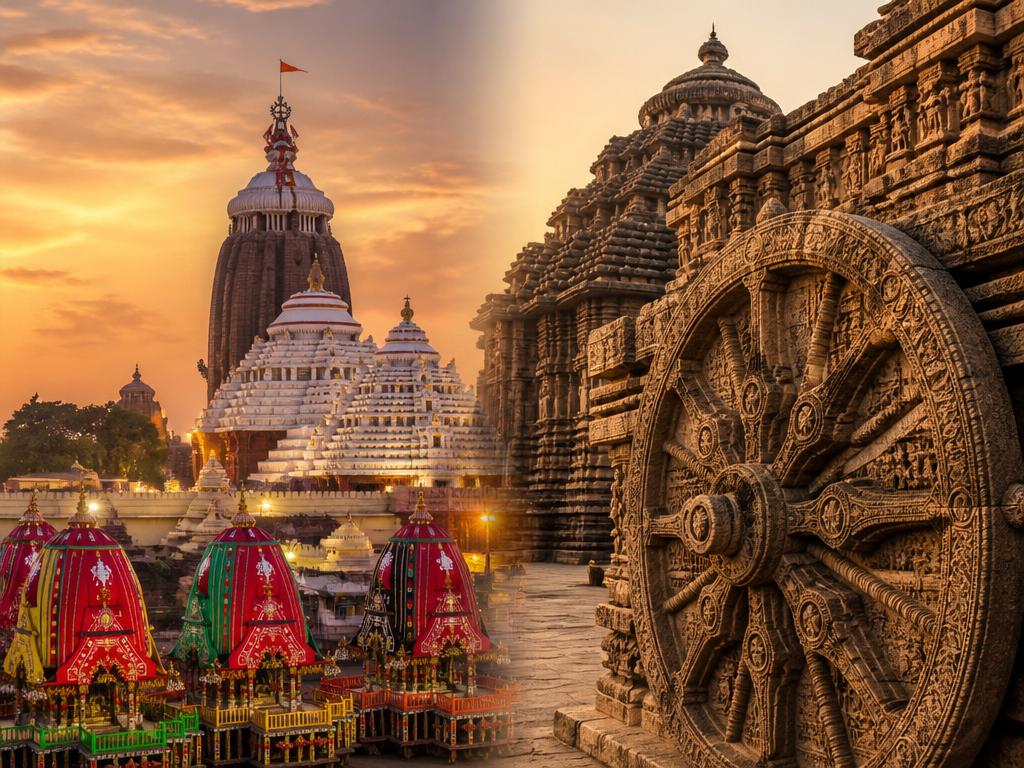 Jagannath Puri temple and Konark Sun Temple with stone chariot wheels