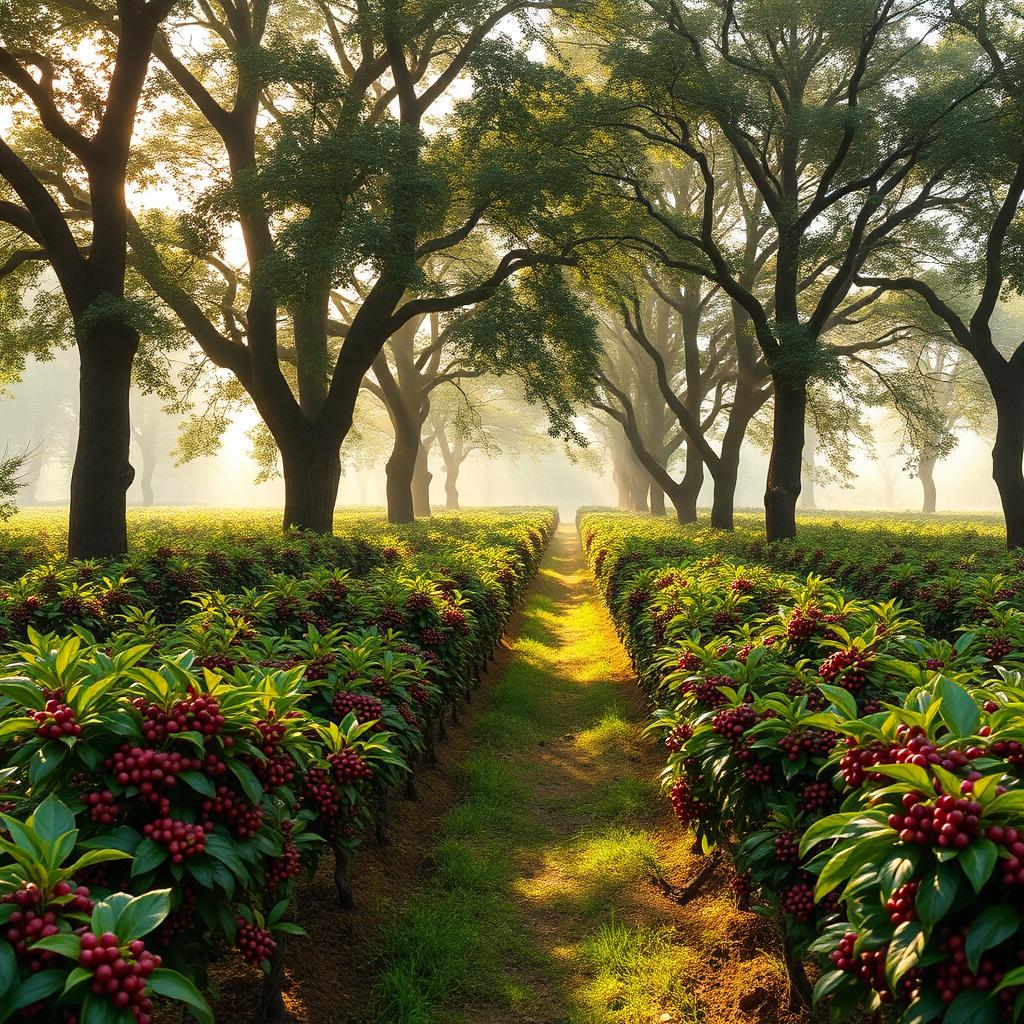 Karnataka coffee plantation with red coffee cherries under tall shade trees
