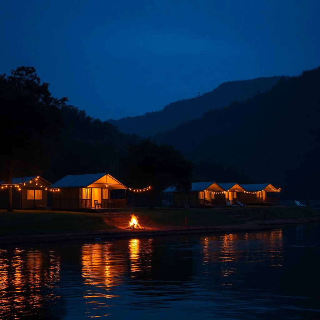 Riverside camp with glowing tents and a bonfire in Dandeli at blue hour