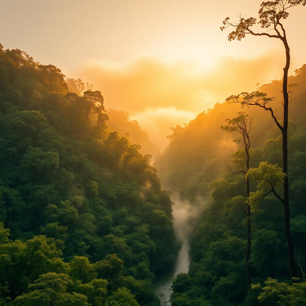 Lush Dandeli forest with the emerald Kali river winding through the Western Ghats at golden hour