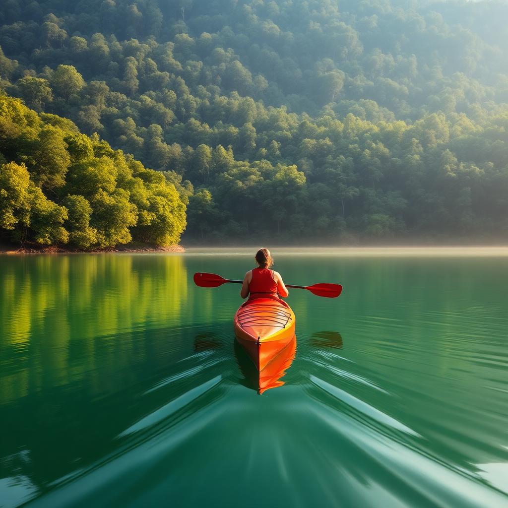 Red kayak gliding on the calm emerald Kali river surrounded by lush forest