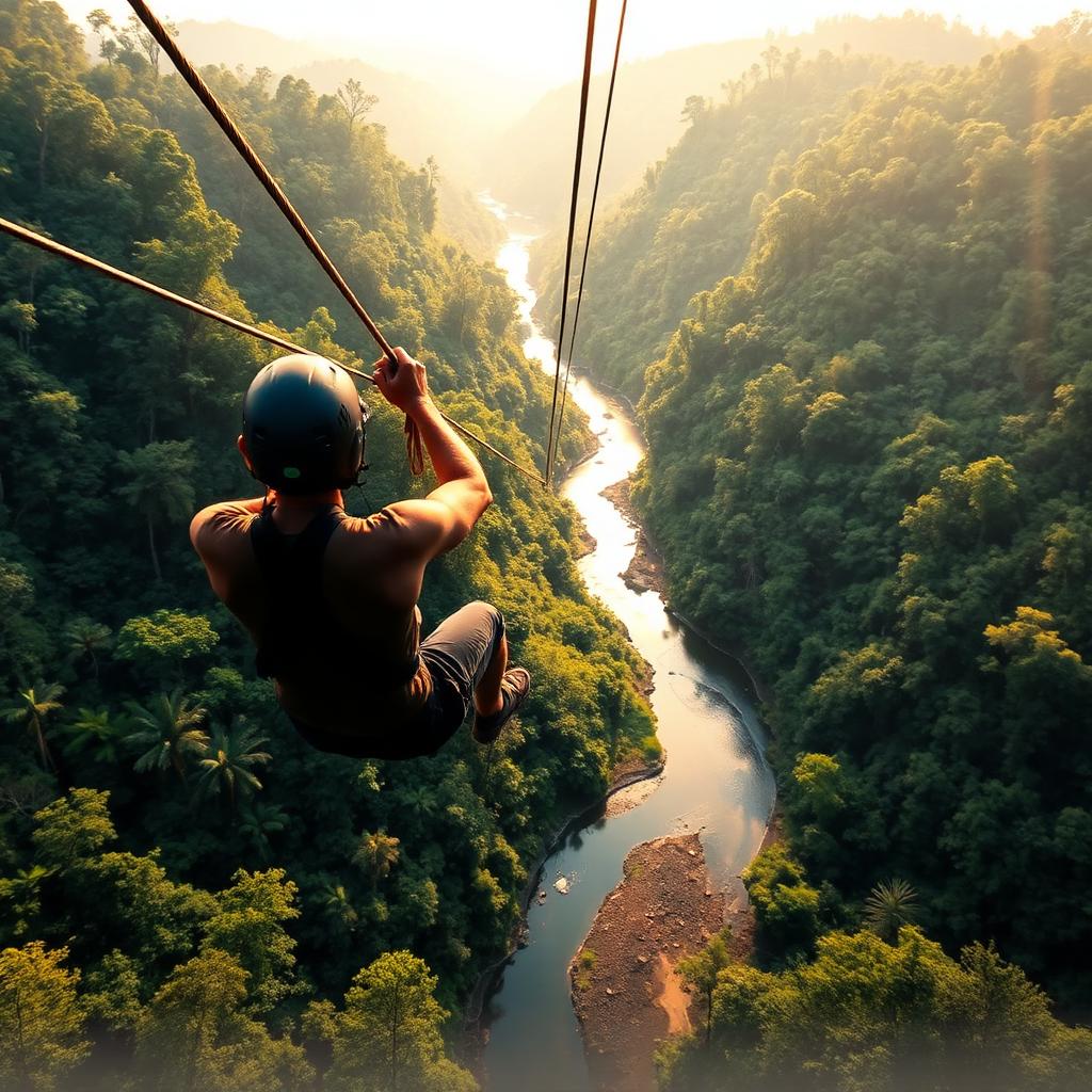 Zipliner gliding on a steel cable high above the Dandeli forest and river