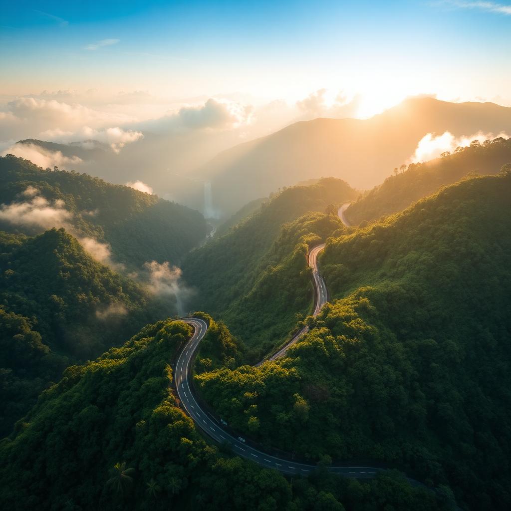 Winding scenic road curving through the lush green Western Ghats of Karnataka