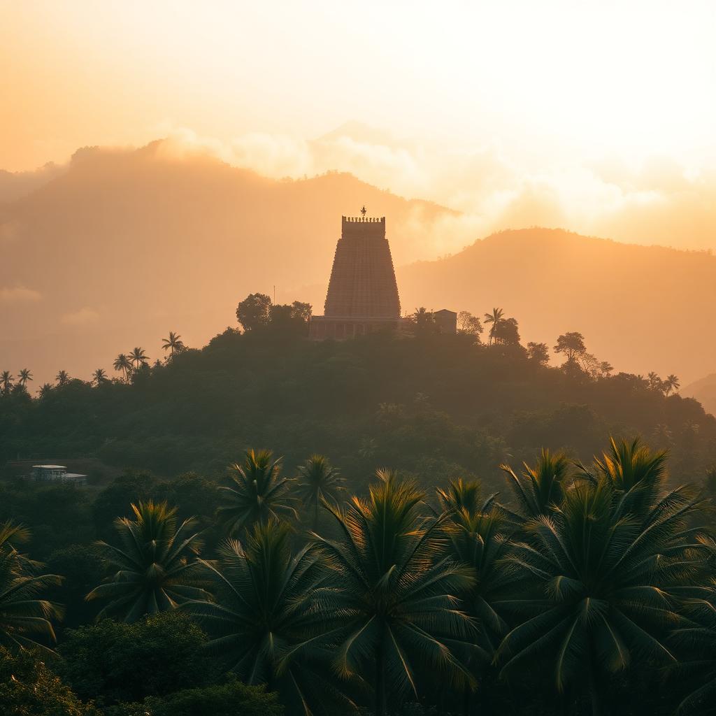 Sacred temples of Karnataka amidst the misty Western Ghats at golden hour — pilgrimage tour