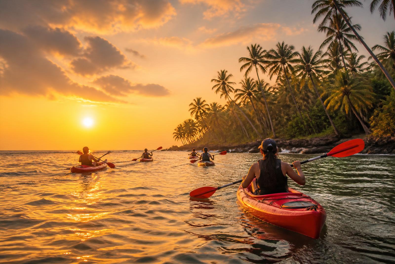 Adventure travellers kayaking along the palm-fringed Kannur coastline at golden hour