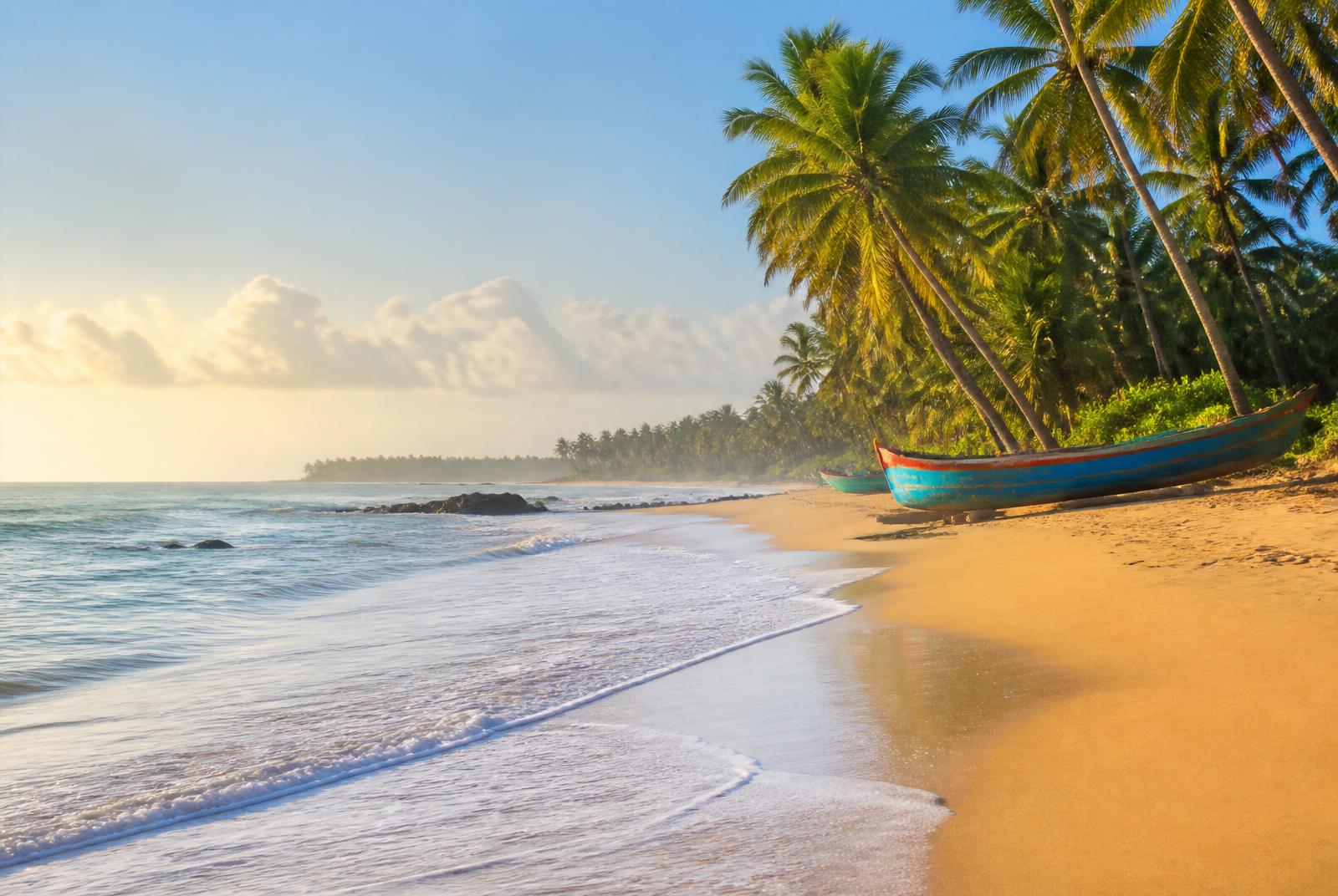 Golden sandy Kannur Beach with fishing boats and coconut palms along the Kerala coast