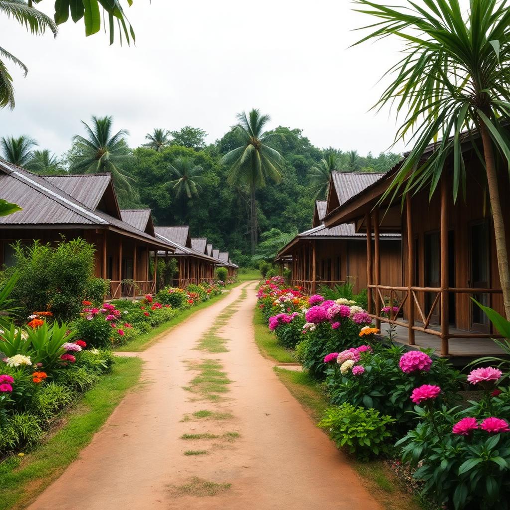 Flower-lined bamboo cottages along a spotlessly clean path in Mawlynnong village