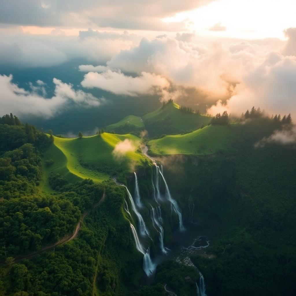 Aerial view of Cherrapunji's green cliffs, cascading waterfalls and clouds — Meghalaya honeymoon