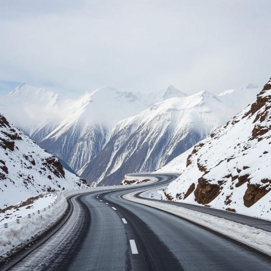 Winding snow-covered mountain road towards Rohtang Pass in the Himalayas