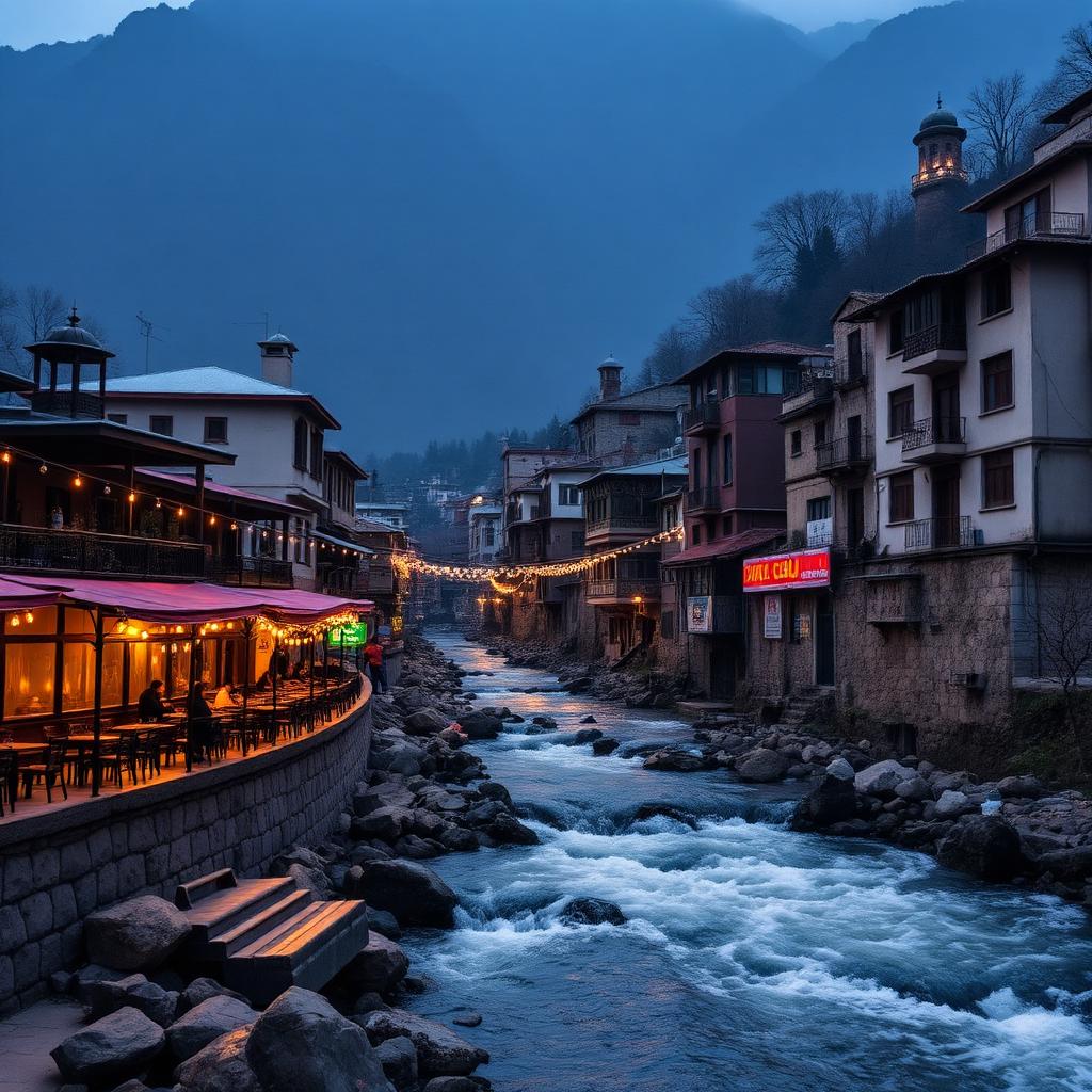 Old Manali riverside cafés glowing under warm lights beside the Beas river