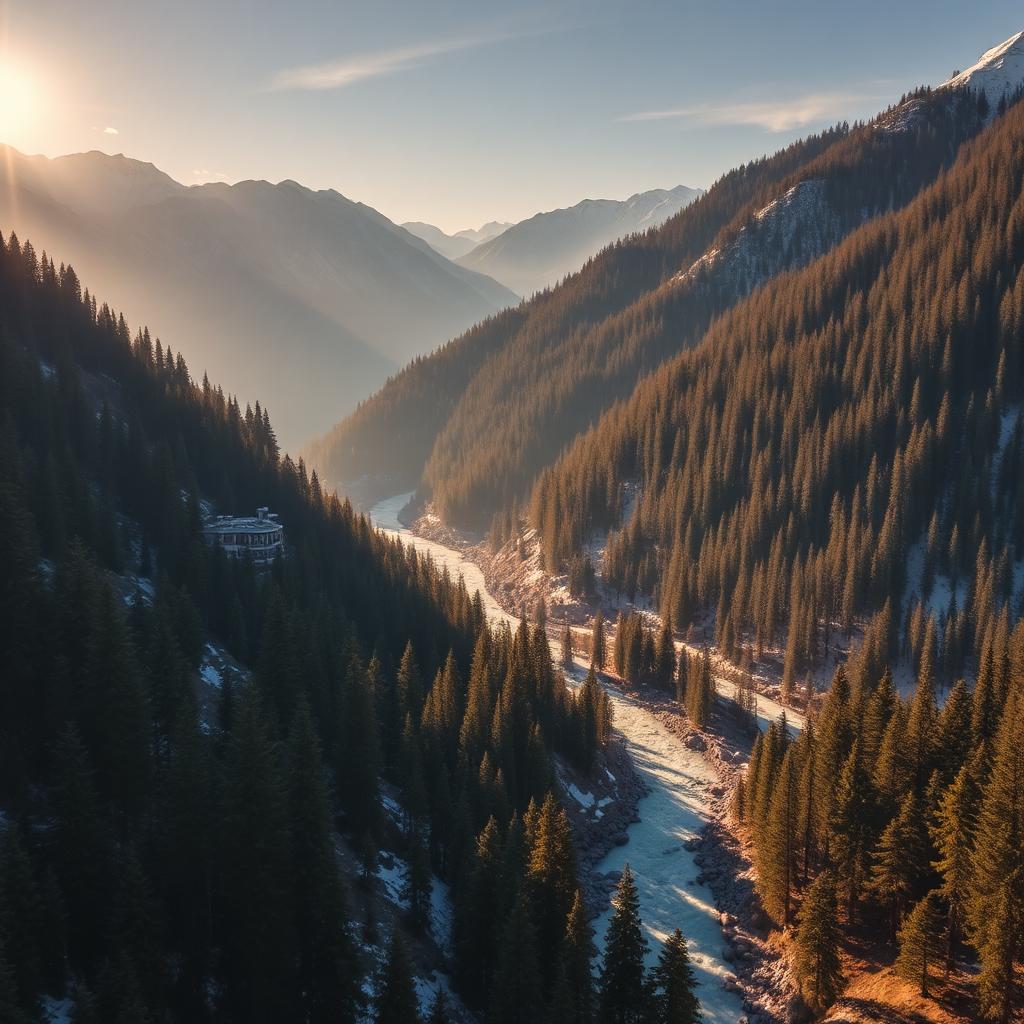 Manali valley at sunrise with snow-covered Himalayan peaks and pine forests along the Beas river