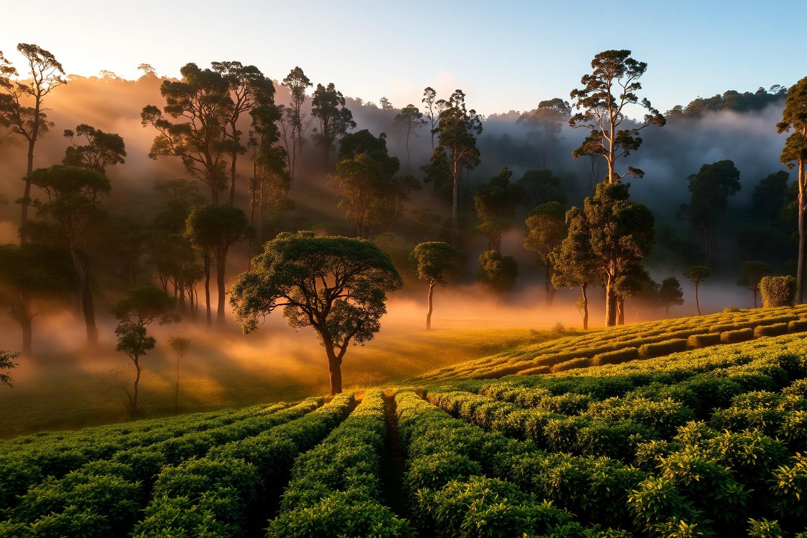 Misty Coorg coffee plantation at golden hour with tall shade trees