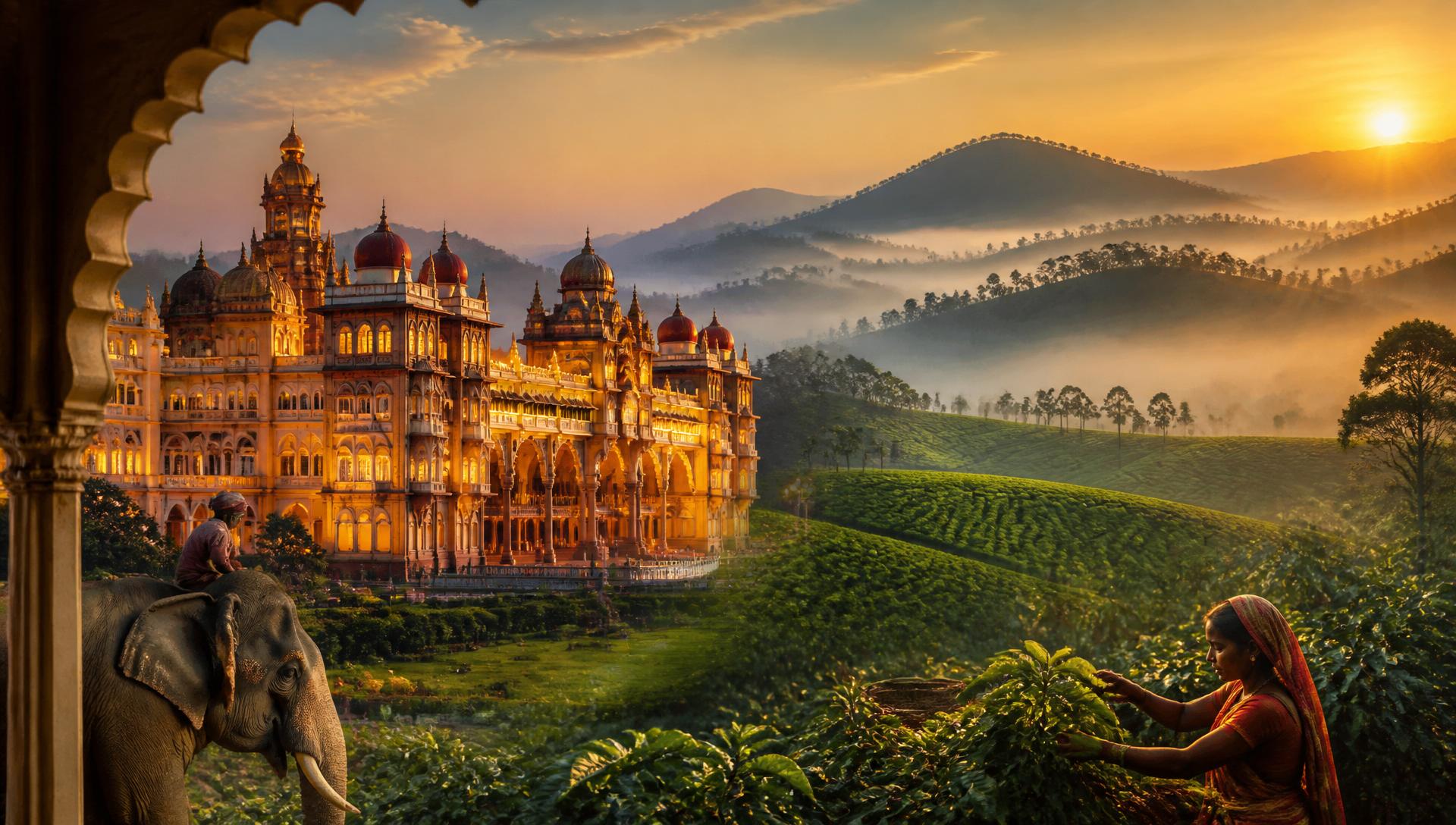 Mysore Palace illuminated at dusk