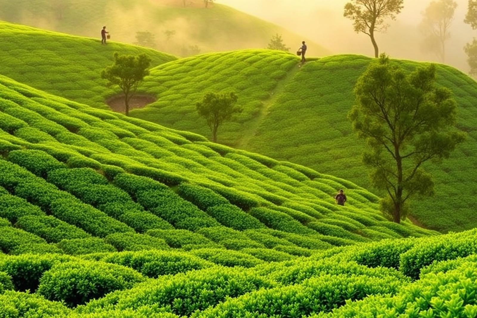 Rolling emerald tea plantations in Ooty with pluckers at sunrise