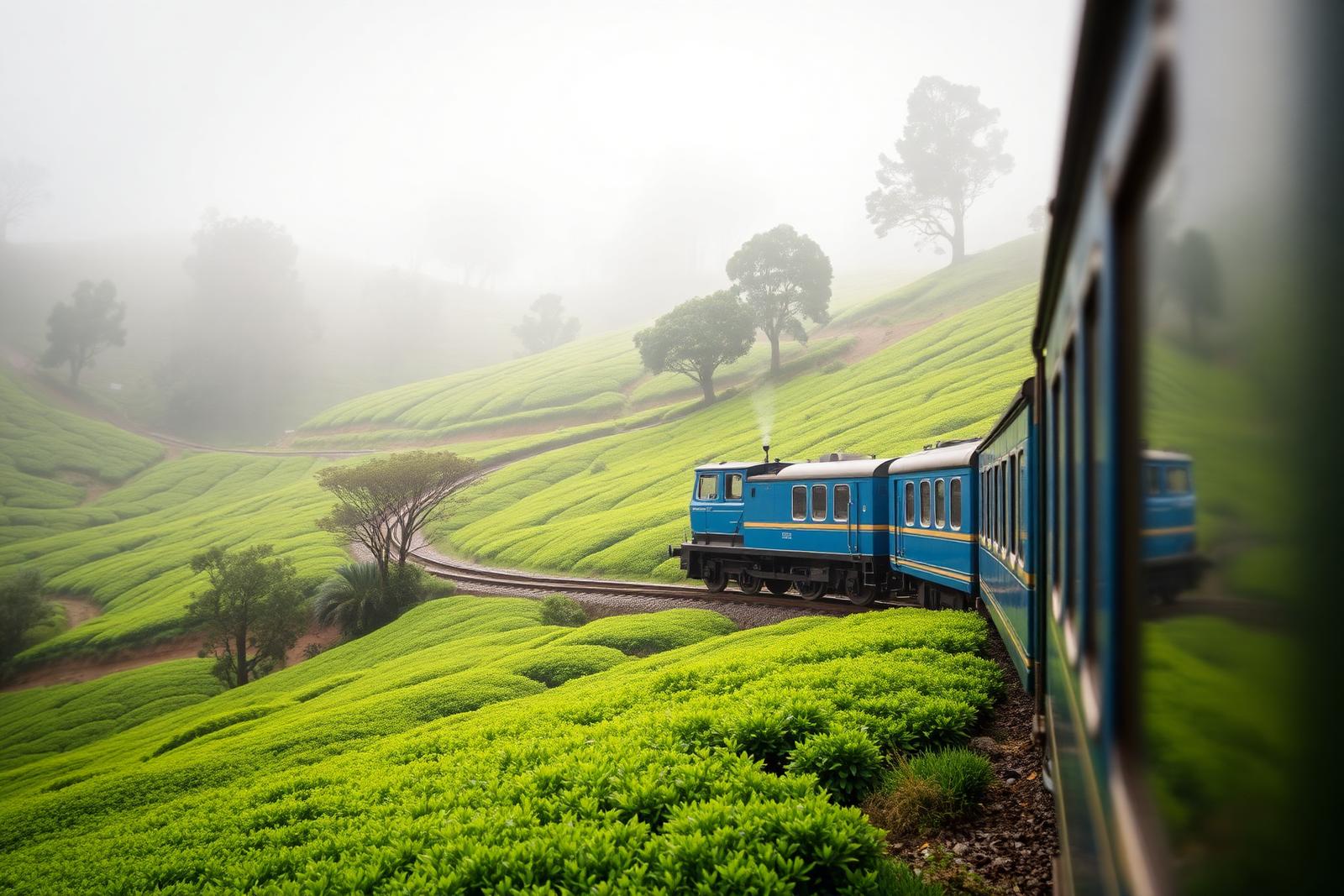 Blue Nilgiri Mountain Railway train winding through misty Ooty tea gardens