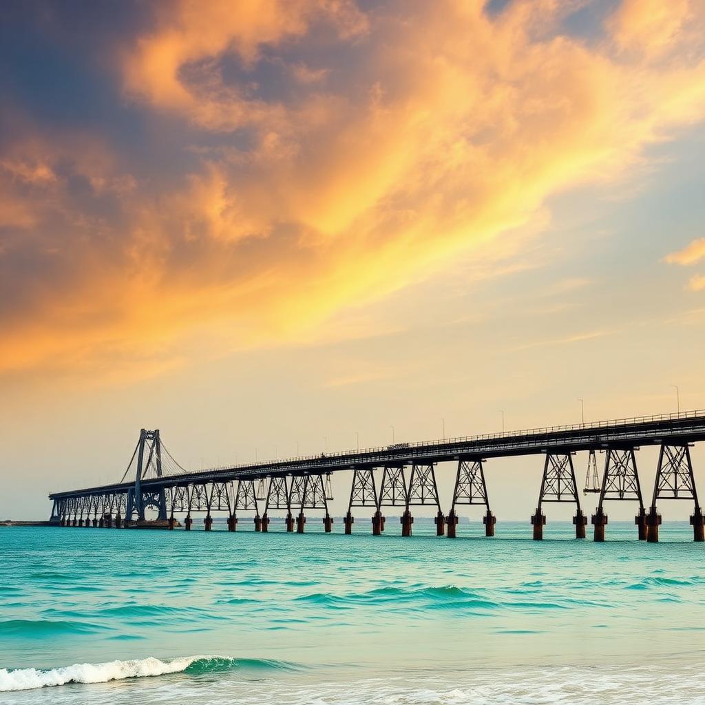 Iconic Pamban Bridge over turquoise sea connecting Rameshwaram to the mainland