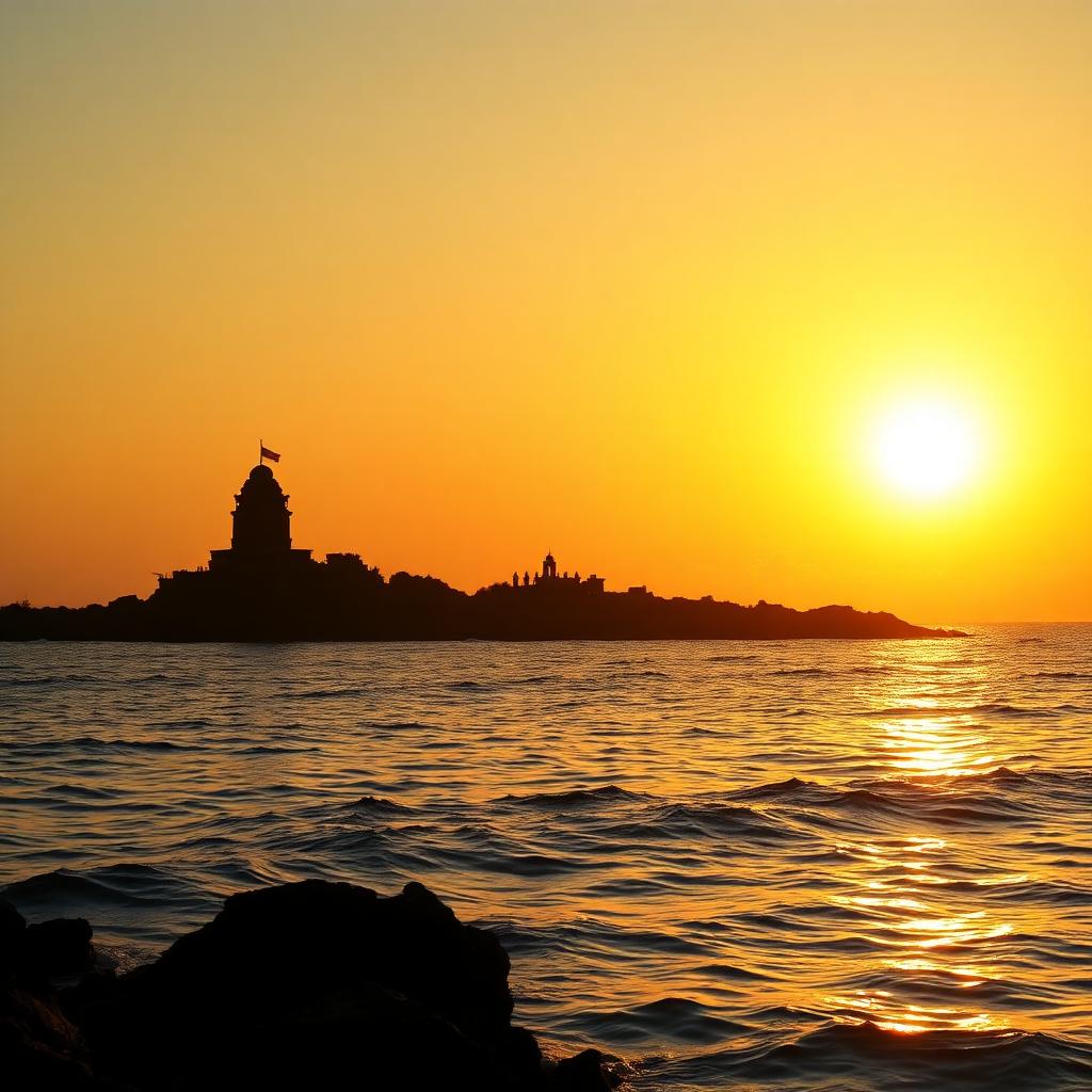 Golden sunrise over the ocean at the southernmost tip of India in Kanyakumari