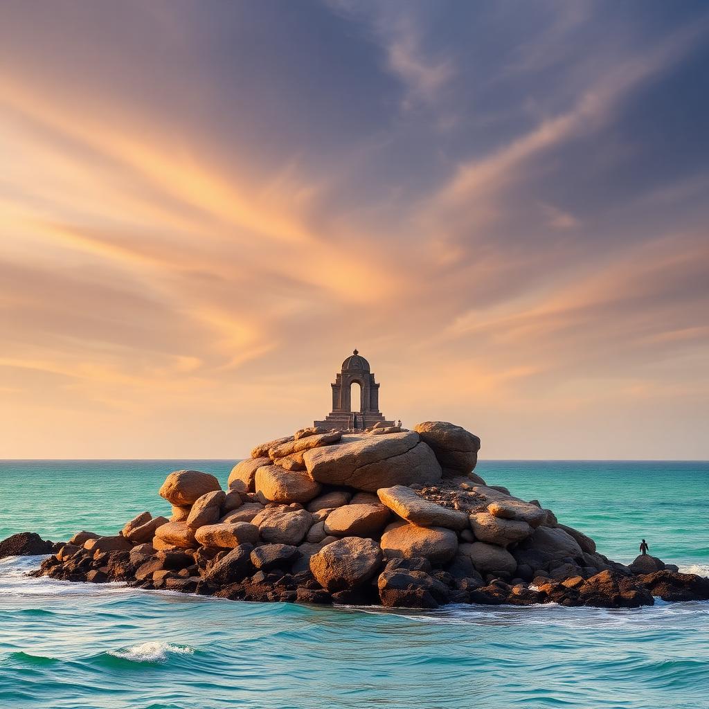 Vivekananda Rock Memorial on a rocky island in the sea at Kanyakumari
