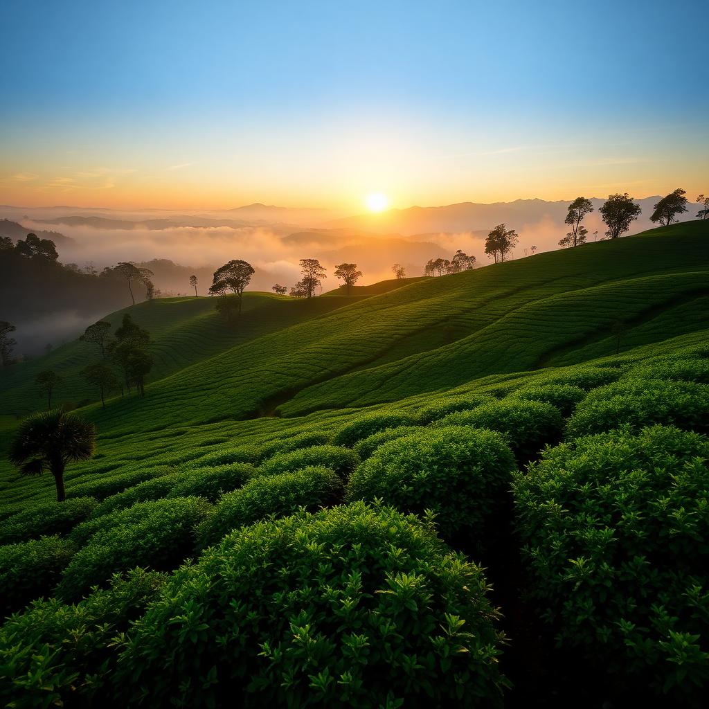 Endless emerald tea plantations rolling across the Munnar hills at sunrise