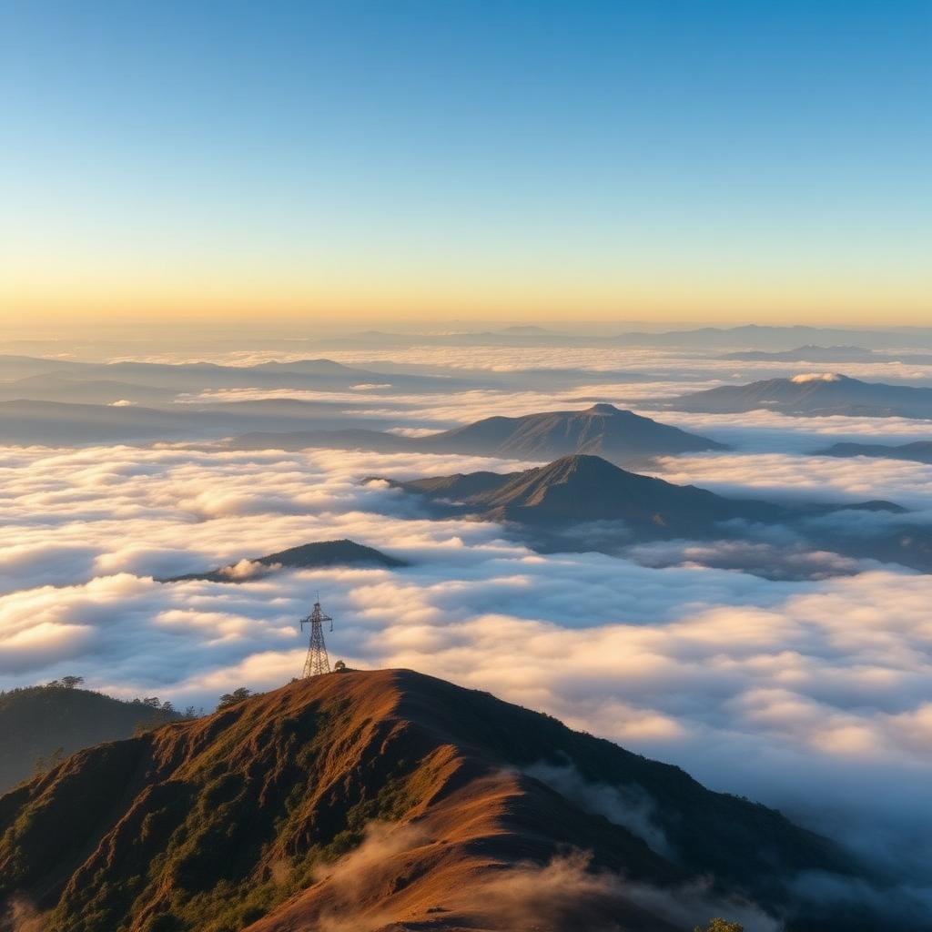 Panoramic sunrise view from Doddabetta Peak above the clouds