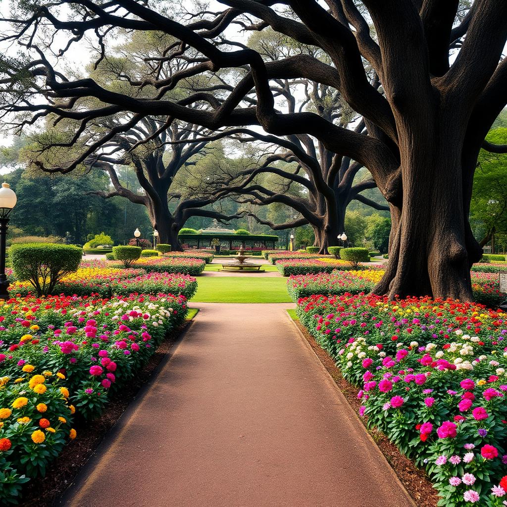 Manicured Botanical Garden in Ooty with vibrant flower beds and heritage trees