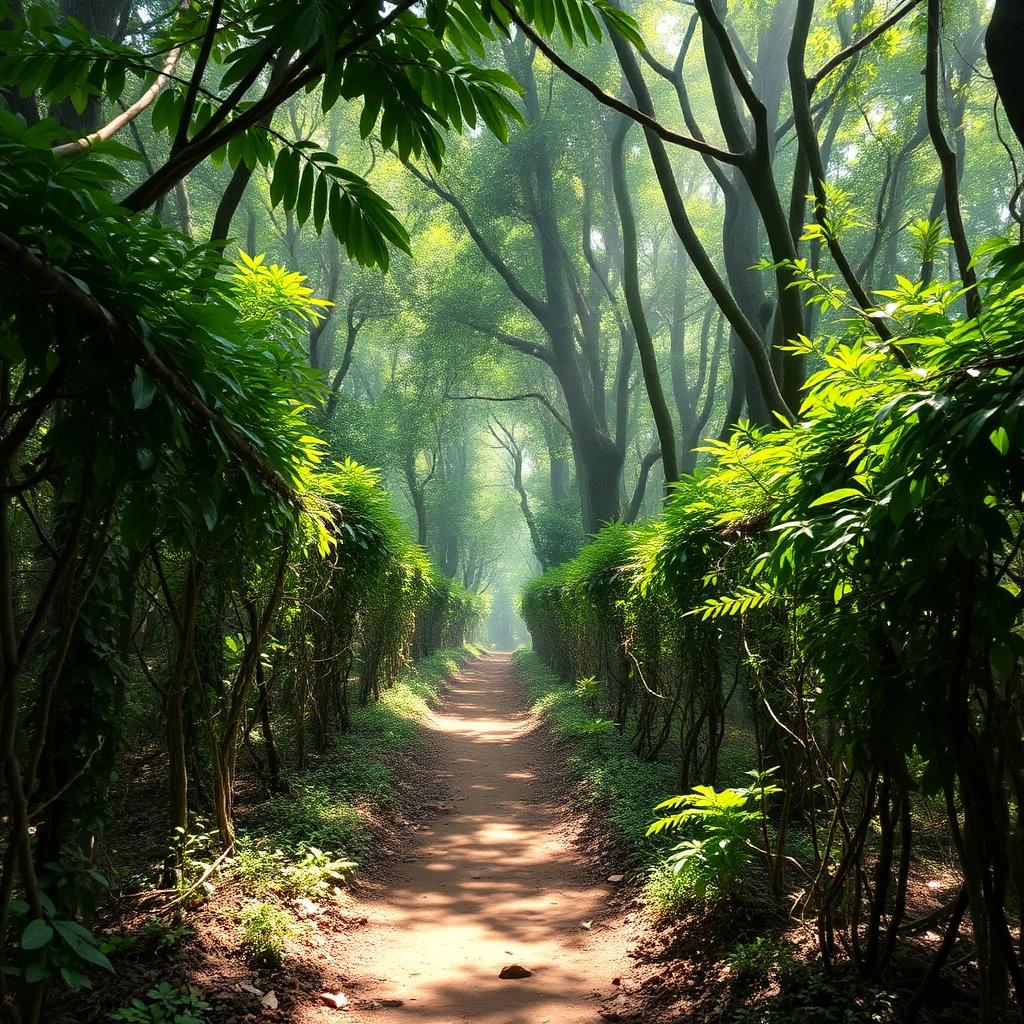 Green trail through a Wayanad spice plantation with towering forest canopy