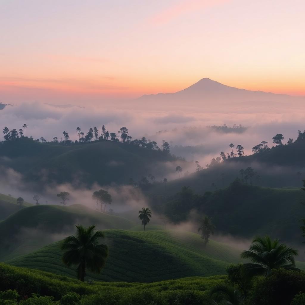 Wayanad tea estates, Chembra Peak and Ooty hills at dawn — Nilgiri honeymoon panorama