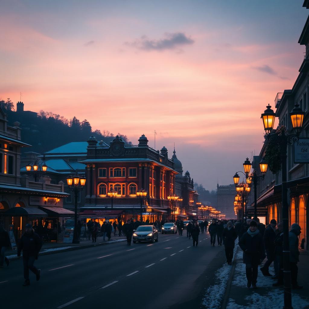 Warm street lamps line Shimla's Mall Road under a pink dusk sky