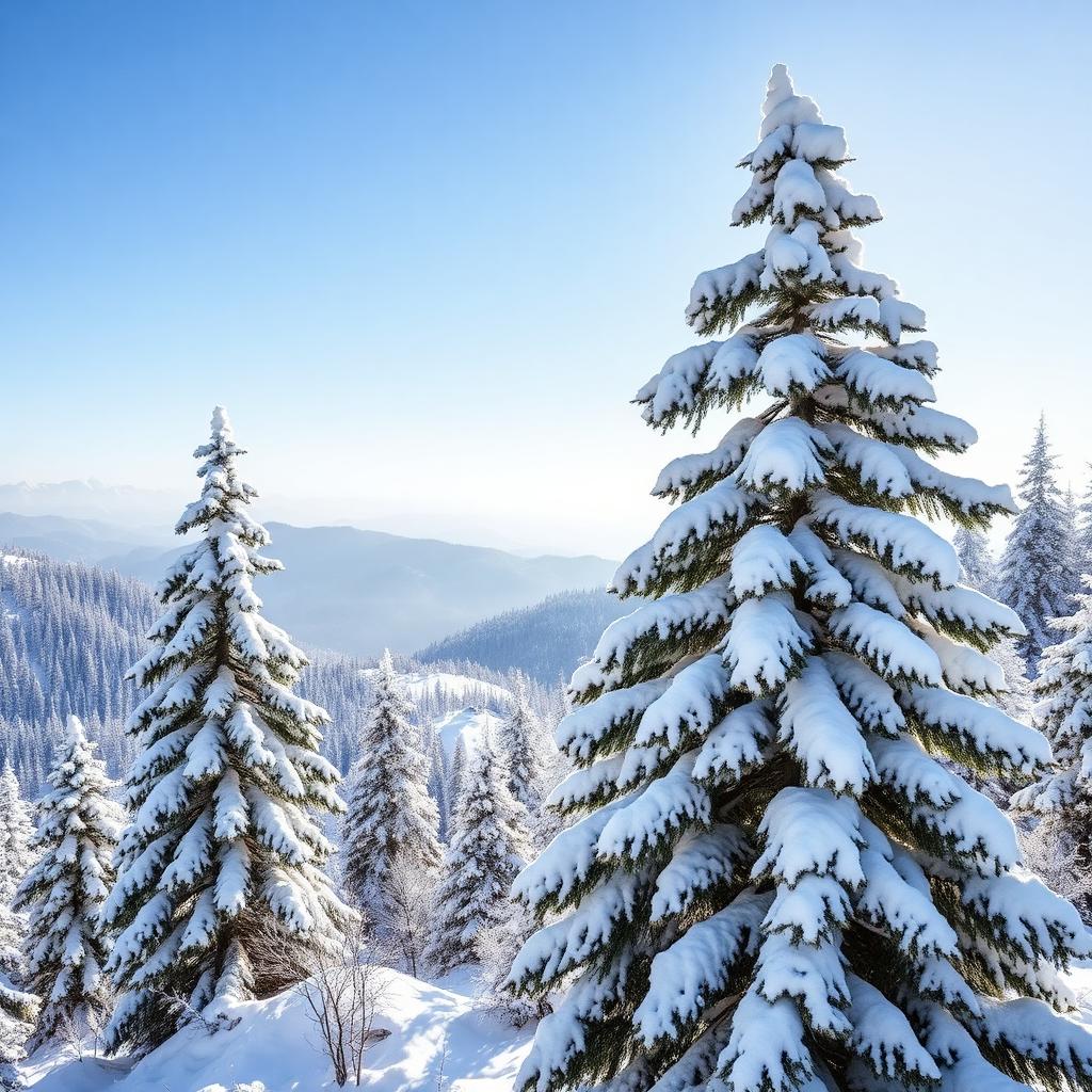 Snow-blanketed pine trees at Kufri snow point with distant Himalayan peaks