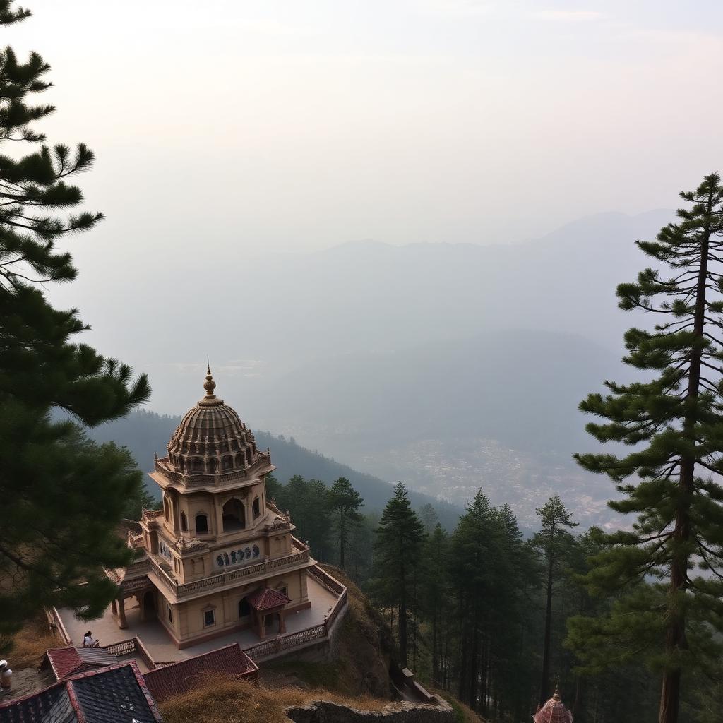 Jakhoo Temple hilltop rising above the Shimla valley in soft morning mist