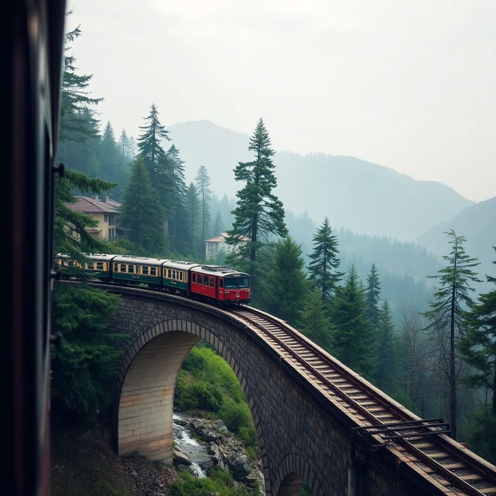 Kalka–Shimla toy train crossing a stone arch bridge through pine forests