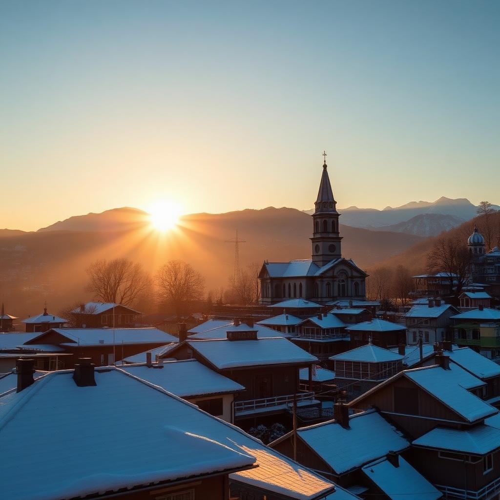 Snow-covered Shimla rooftops with colonial church and Himalayan peaks at sunrise