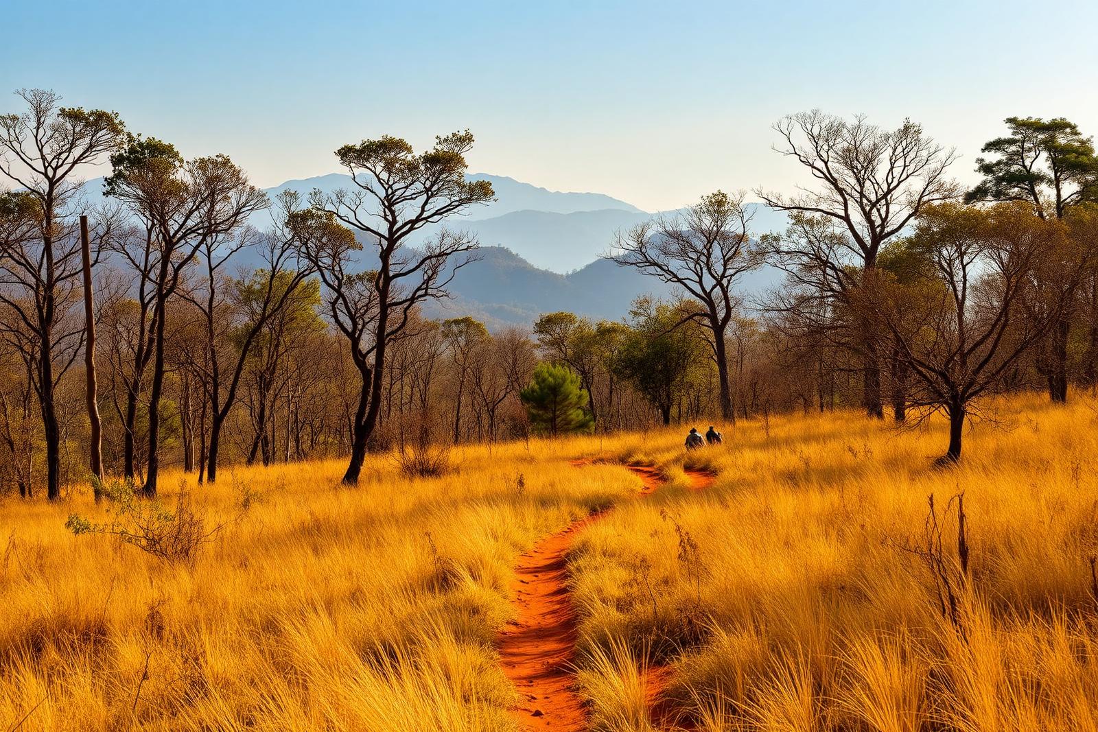 Golden grasslands and dry deciduous forest of Bandipur National Park with distant Nilgiri hills