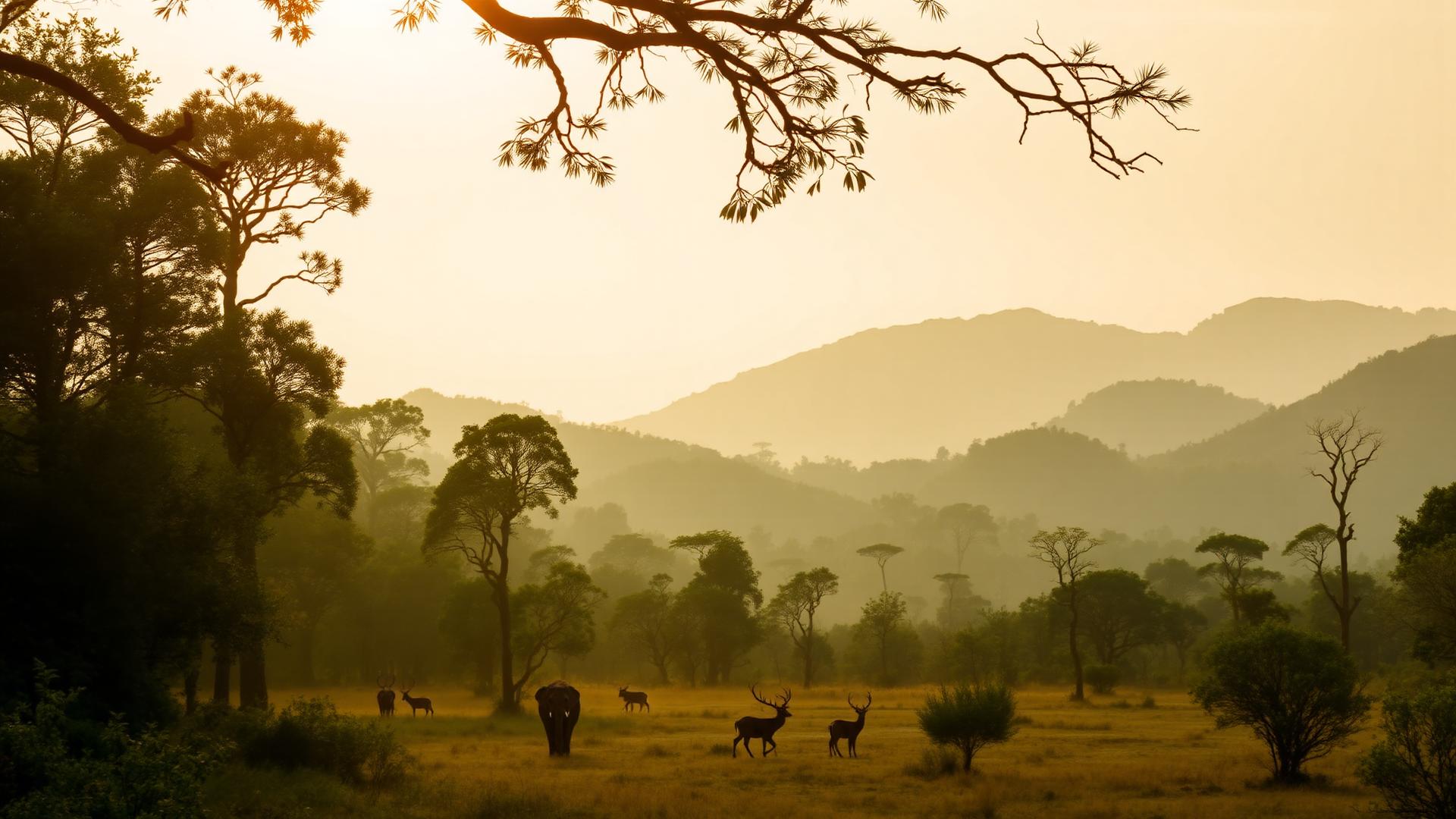 Misty golden-hour landscape of Bandipur National Park with silhouettes of deer and elephants in a sunlit clearing