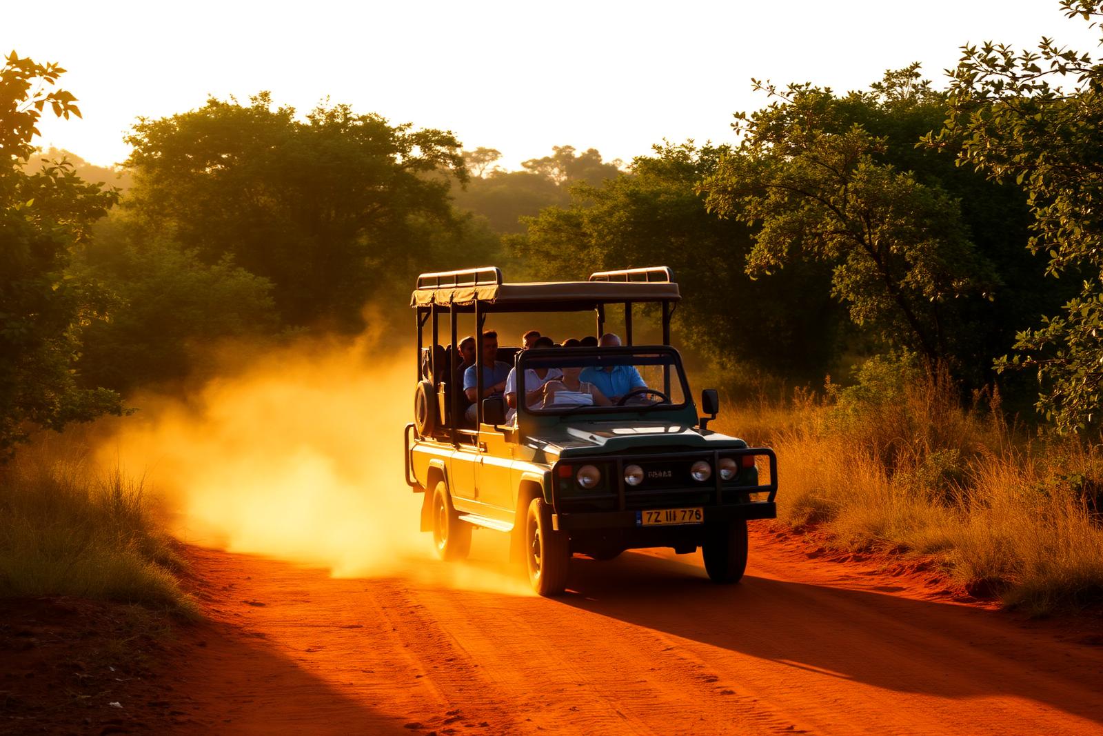 Open safari jeep on a red dirt trail through a South Indian tiger reserve at golden hour